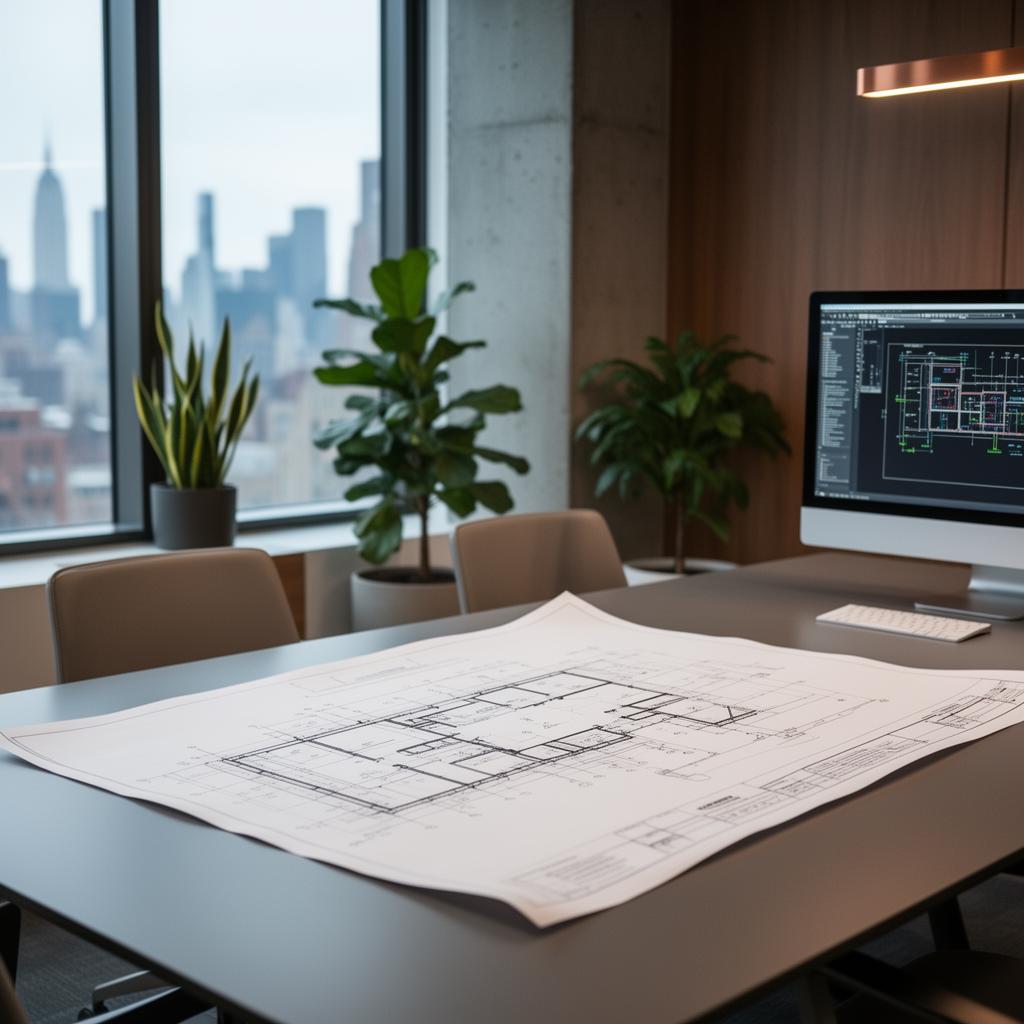 MEP blueprint on a conference table with NYC skyline beyond